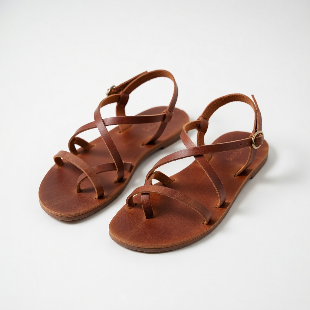 Primitive leather sandals on display